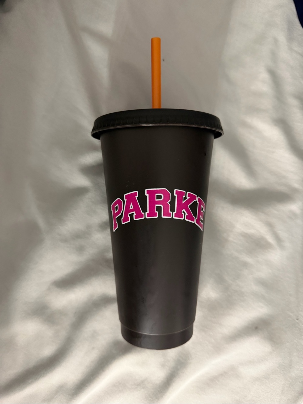 PARKE X DUNKIN brown Travel Cup with Pink Logo and Orange Straw